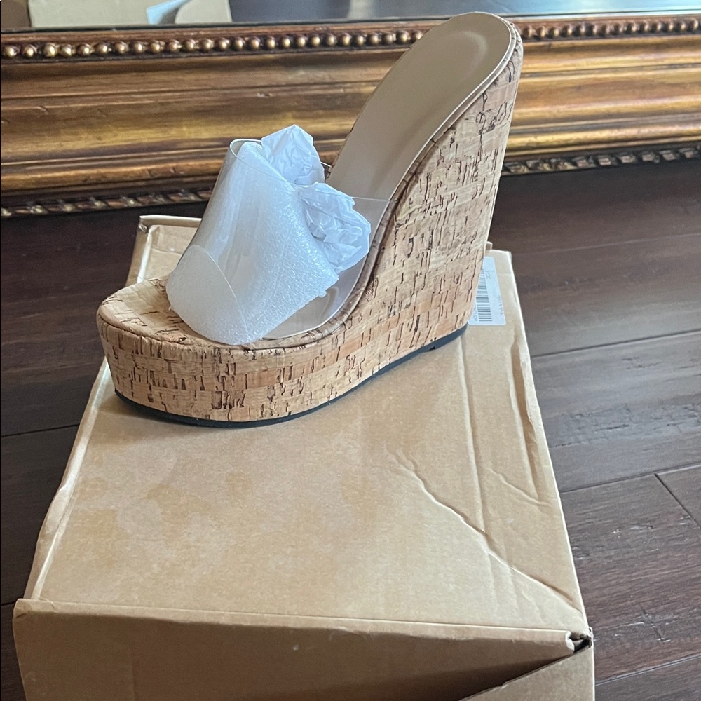 Cork Wedge Sandals with White Floral Accent